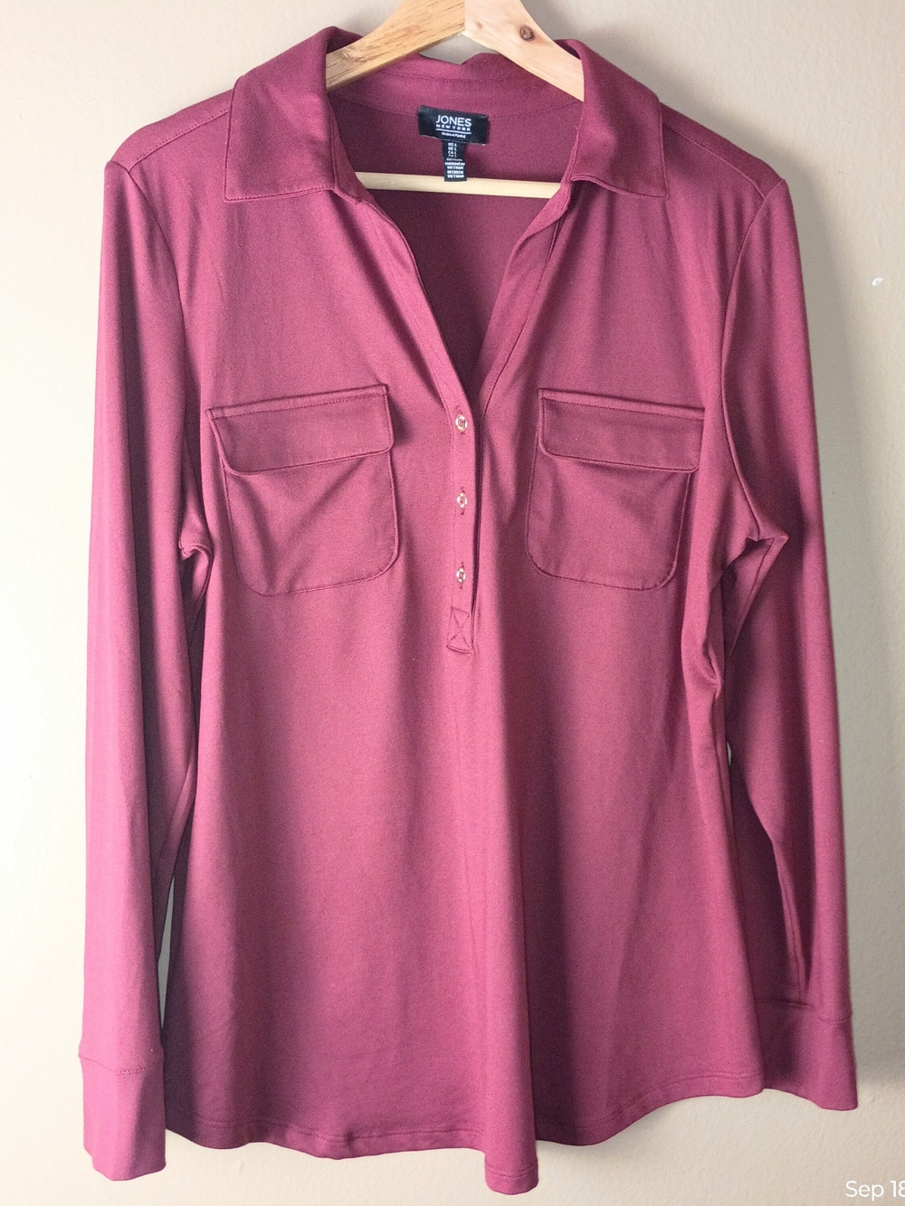 Jones New York Button-Placket Long Sleeve Top in Dusty Rose